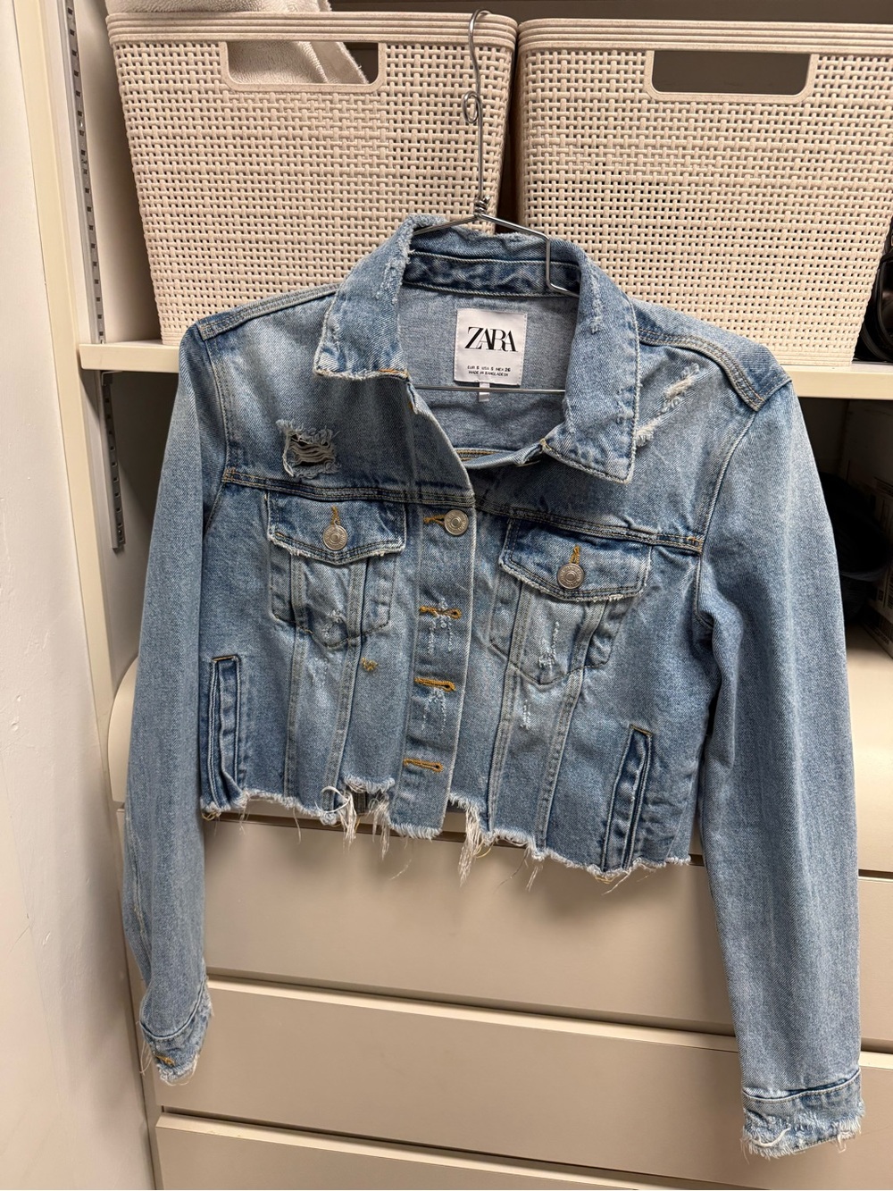 Zara Light Blue Distressed Cropped Denim Jacket